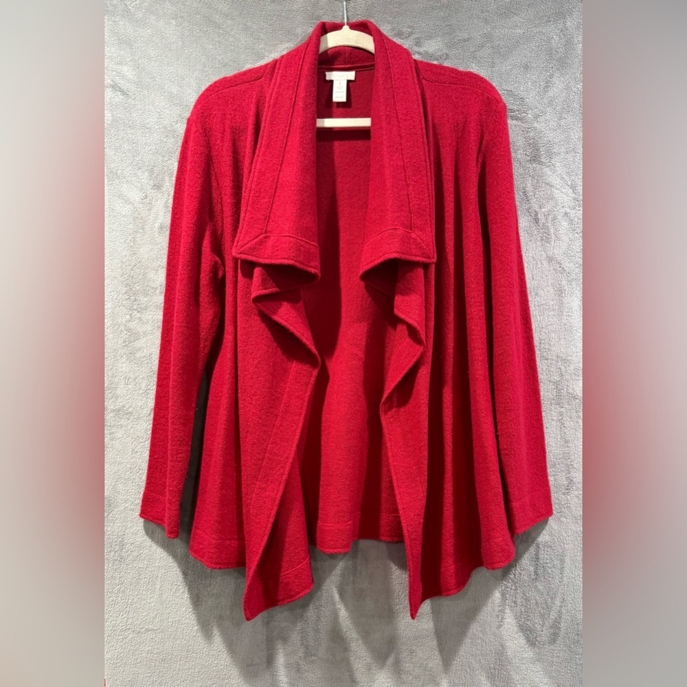 Chico's Red 100% Wool Shawl Collar Unlined Open Cardigan Jacket Size 1 US 8